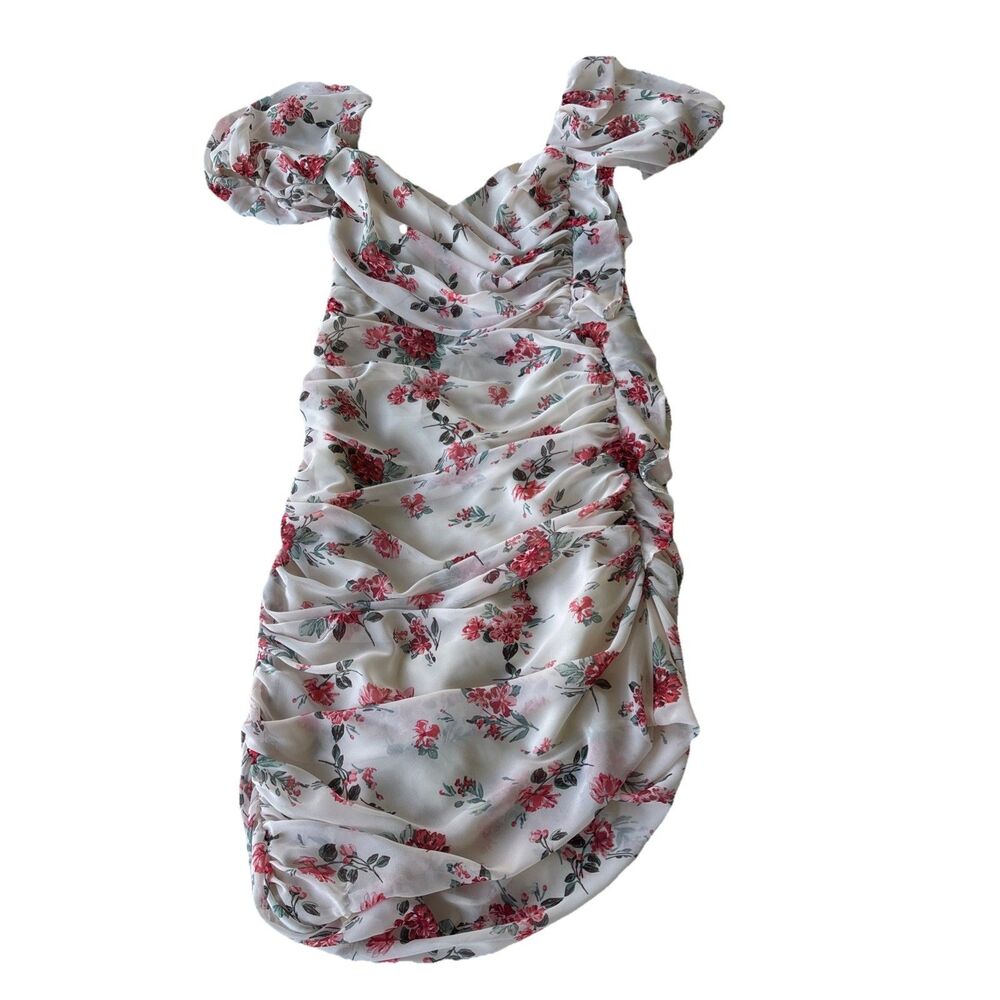 JJs House Womens Floral Chiffon Dress Sweetheart Neckline Puff Sleeves size 10